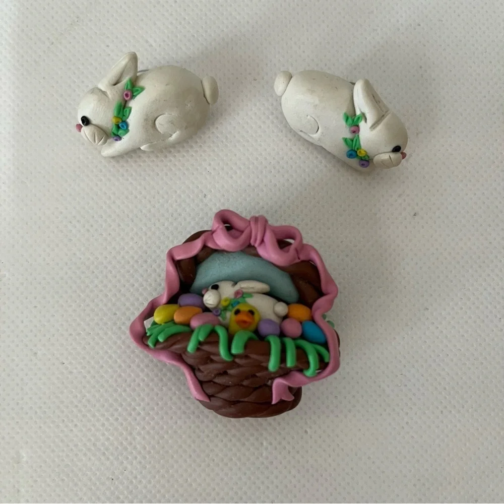 Vintage Easter Bunny Earrings & Brooch Set Handmade Clay Art